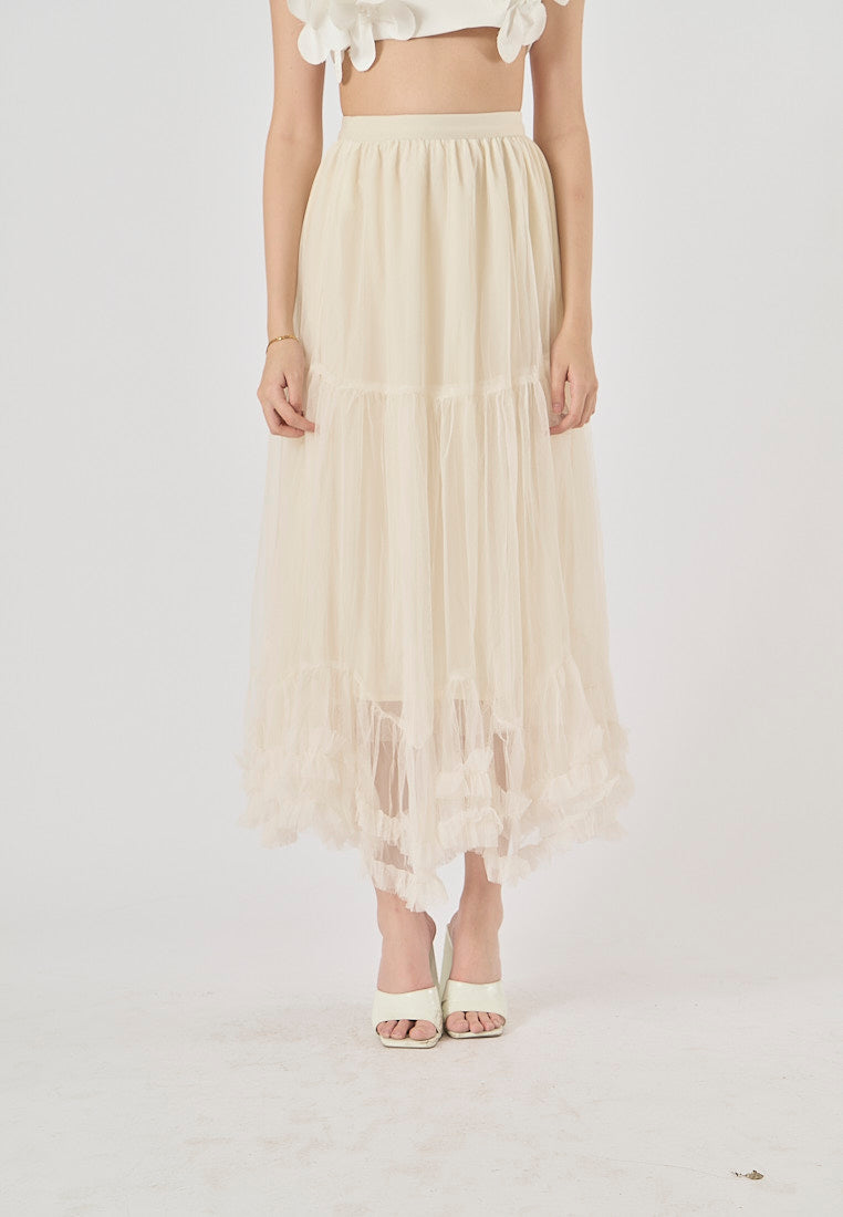 Ravenna Beige Mesh High Waist Raffles Maxi Skirt