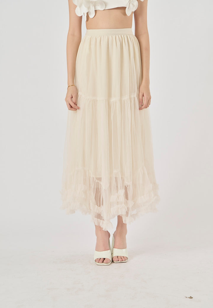 Ravenna Beige Mesh High Waist Raffles Maxi Skirt