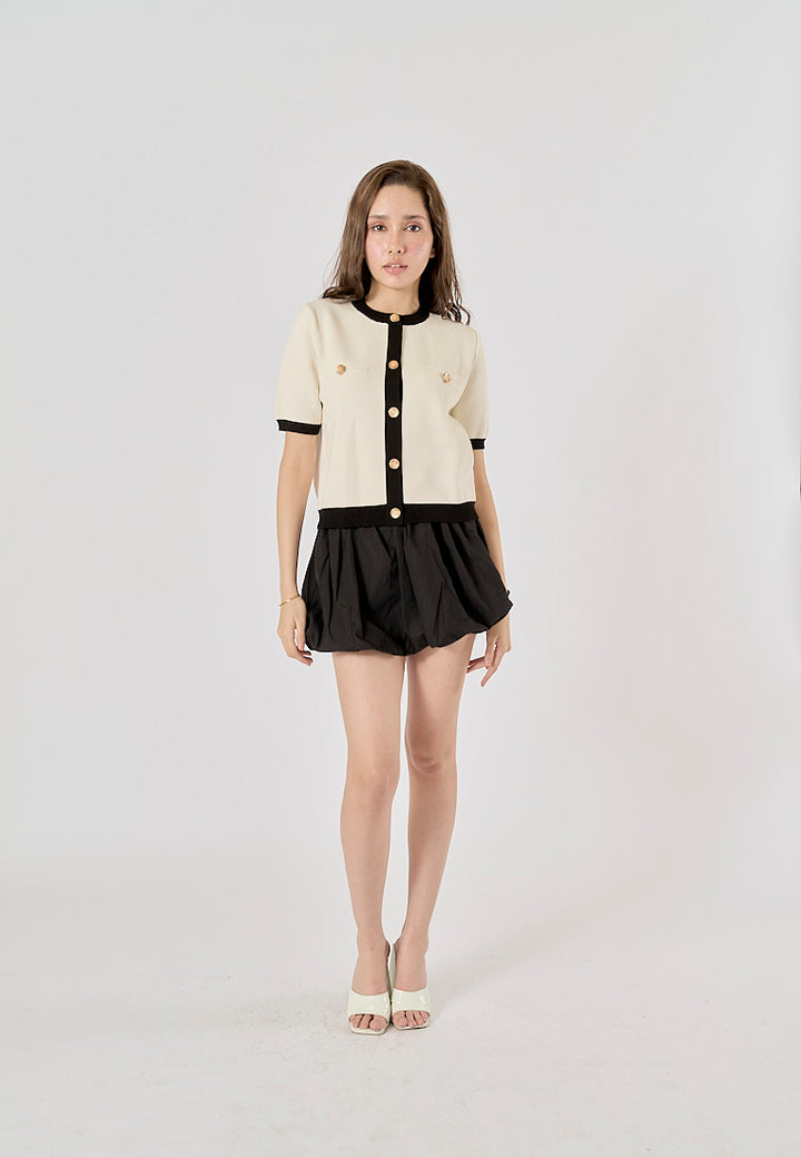 Aventus Beige Short Sleeve Rhinestone Button Decorate Cardigan Sweater Top