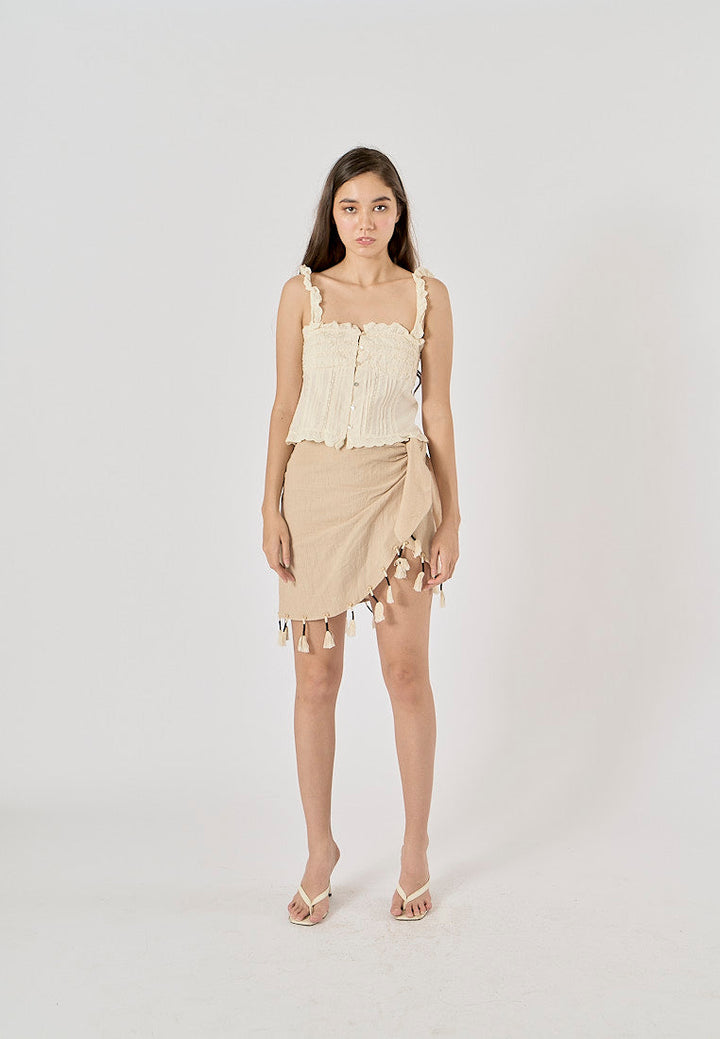 Clove Beige Embroidered Ruffled Tank Top