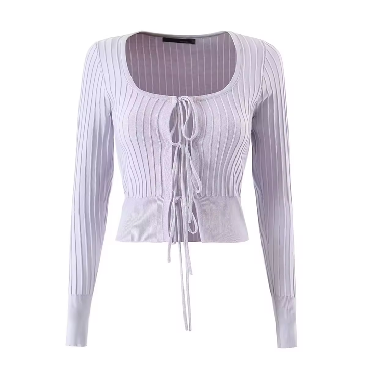 Kannika Lilac Knitted Square Neck Front Self Tie Long Sleeves Cardigan