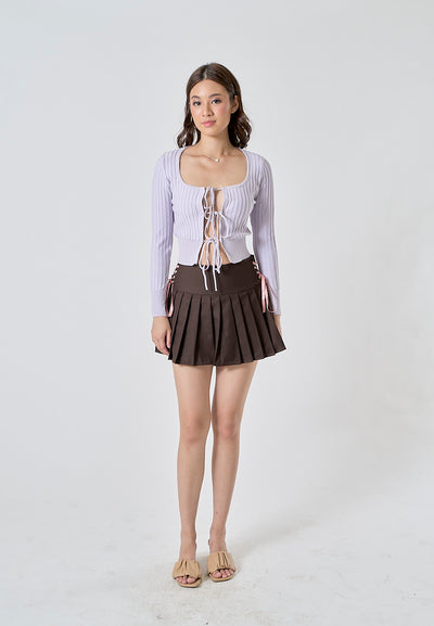 Kannika Lilac Knitted Square Neck Front Self Tie Long Sleeves Cardigan