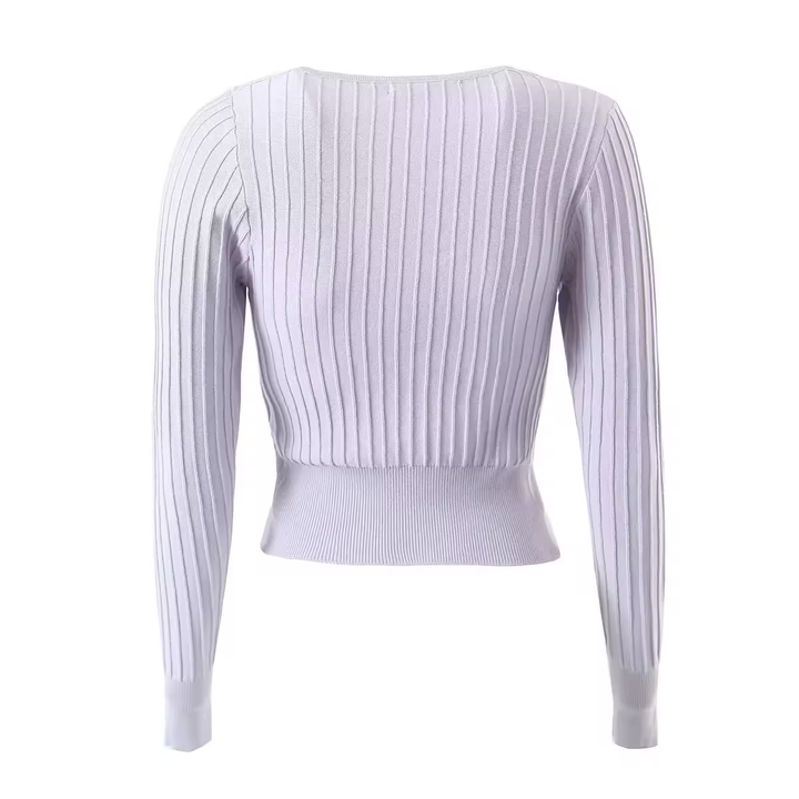 Kannika Lilac Knitted Square Neck Front Self Tie Long Sleeves Cardigan
