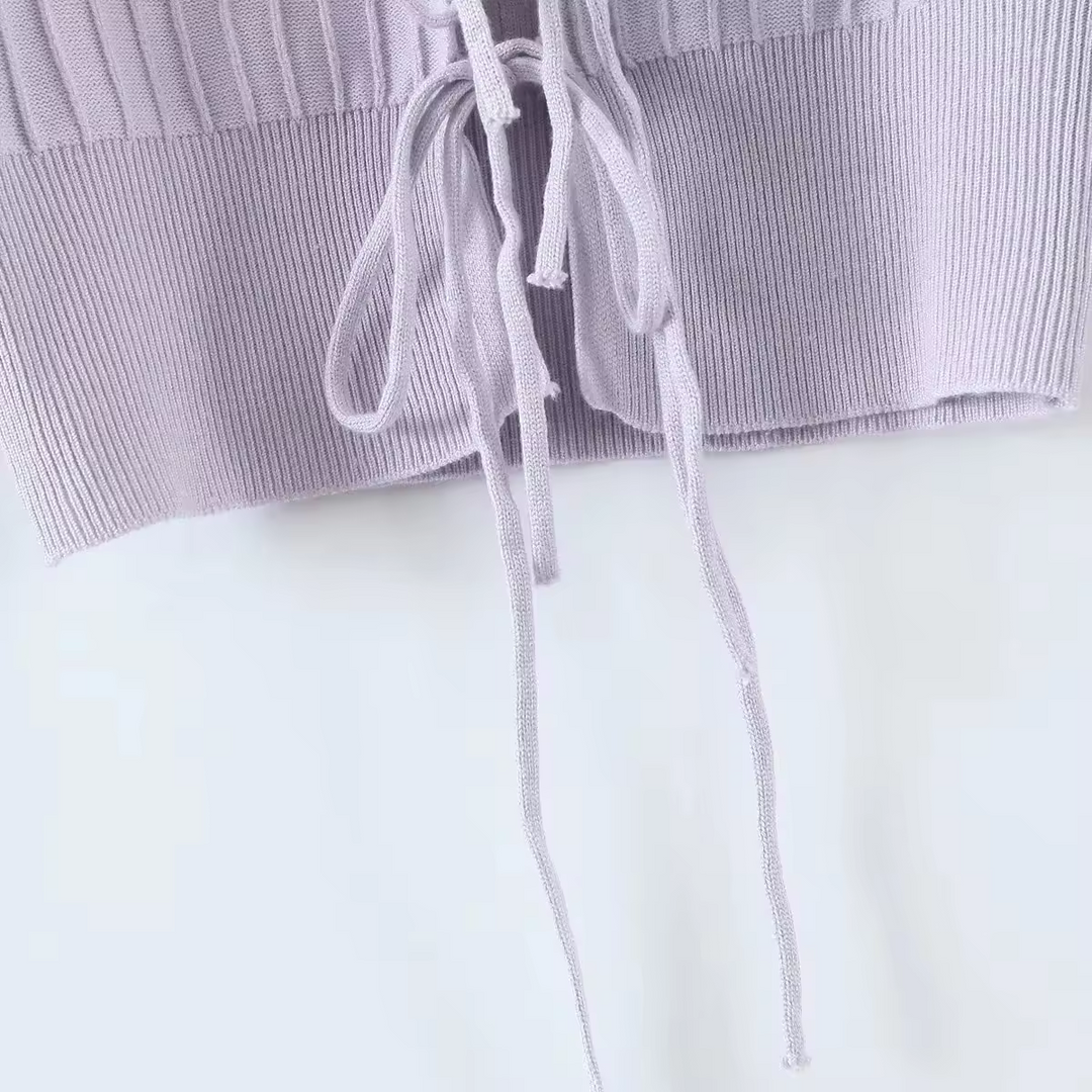 Kannika Lilac Knitted Square Neck Front Self Tie Long Sleeves Cardigan