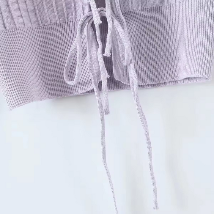 Kannika Lilac Knitted Square Neck Front Self Tie Long Sleeves Cardigan