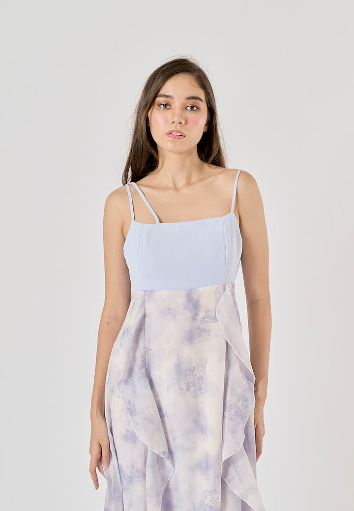 Oceana Blue Floral Print Patchwork Design Midi Dress