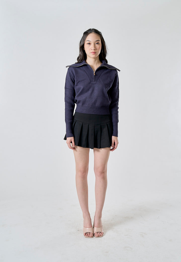 Moxy Dark Blue Knitted Collar Zip Up Long Sleeves Pullover Cardigan