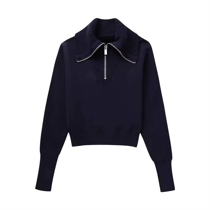 Moxy Dark Blue Knitted Collar Zip Up Long Sleeves Pullover Cardigan