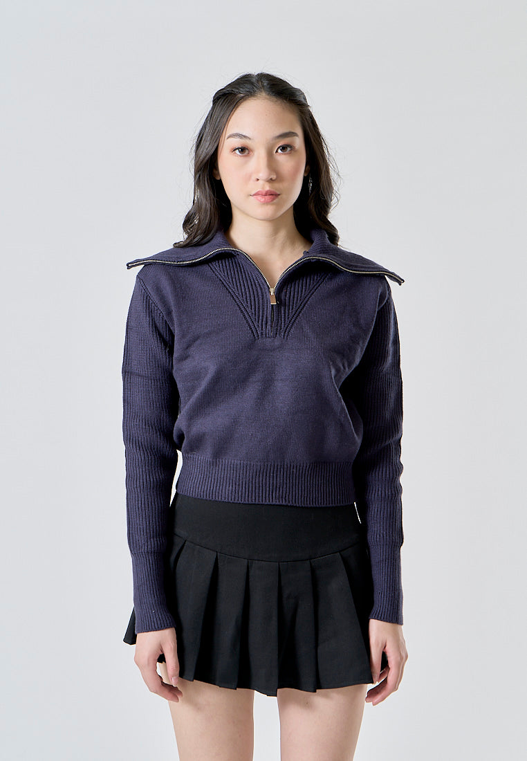 Moxy Dark Blue Knitted Collar Zip Up Long Sleeves Pullover Cardigan