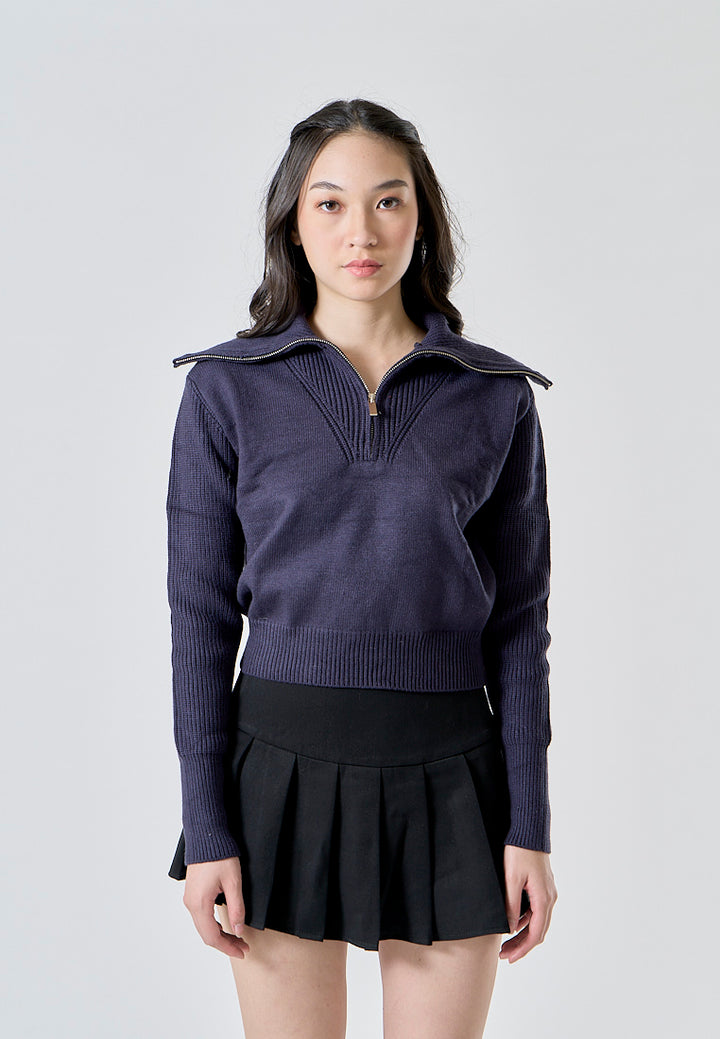 Moxy Dark Blue Knitted Collar Zip Up Long Sleeves Pullover Cardigan