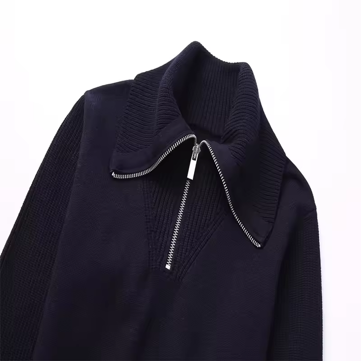 Moxy Dark Blue Knitted Collar Zip Up Long Sleeves Pullover Cardigan