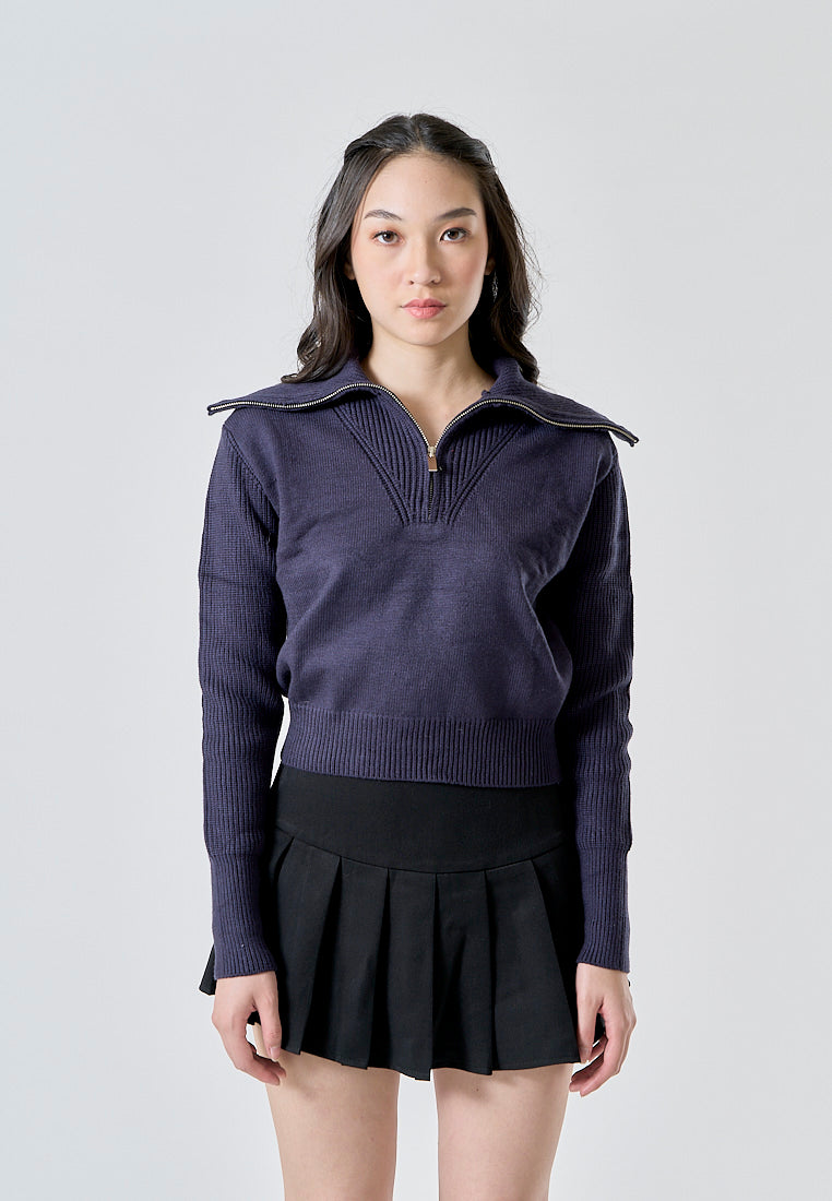 Moxy Dark Blue Knitted Collar Zip Up Long Sleeves Pullover Cardigan