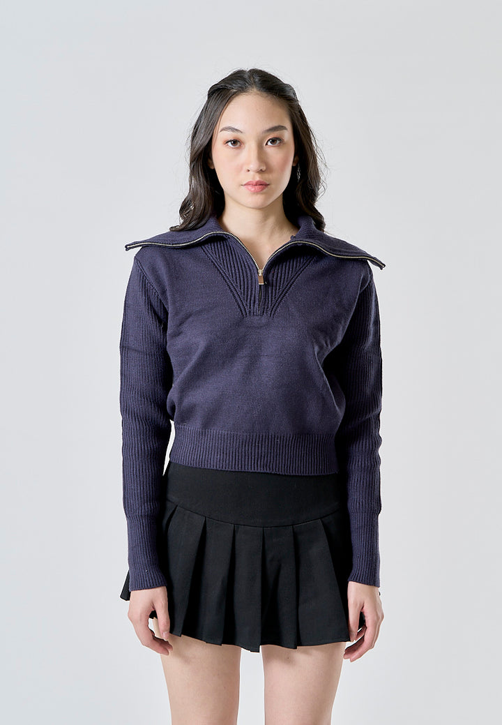 Moxy Dark Blue Knitted Collar Zip Up Long Sleeves Pullover Cardigan