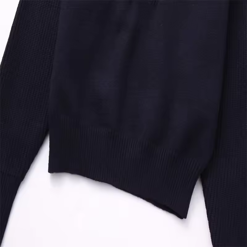 Moxy Dark Blue Knitted Collar Zip Up Long Sleeves Pullover Cardigan