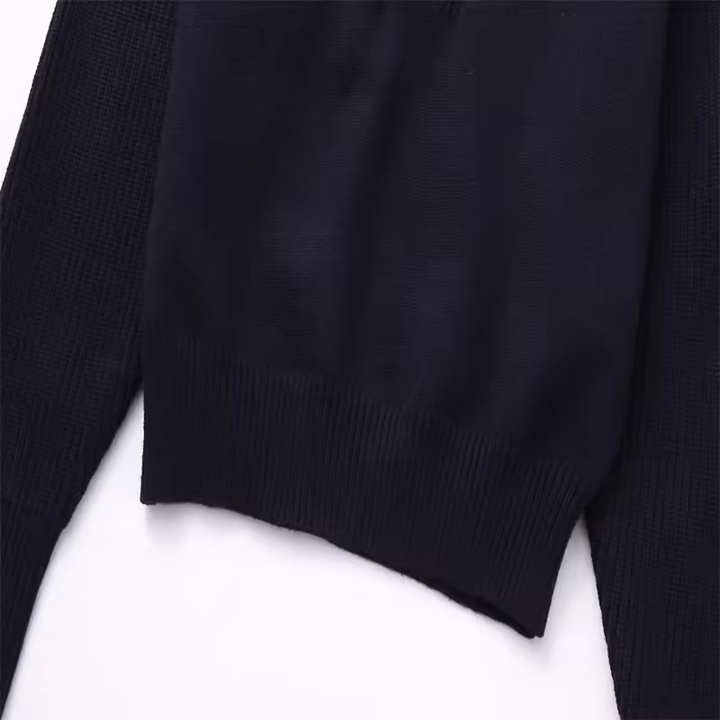 Moxy Dark Blue Knitted Collar Zip Up Long Sleeves Pullover Cardigan