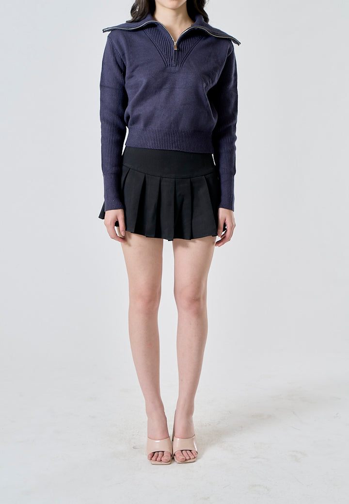 Moxy Dark Blue Knitted Collar Zip Up Long Sleeves Pullover Cardigan