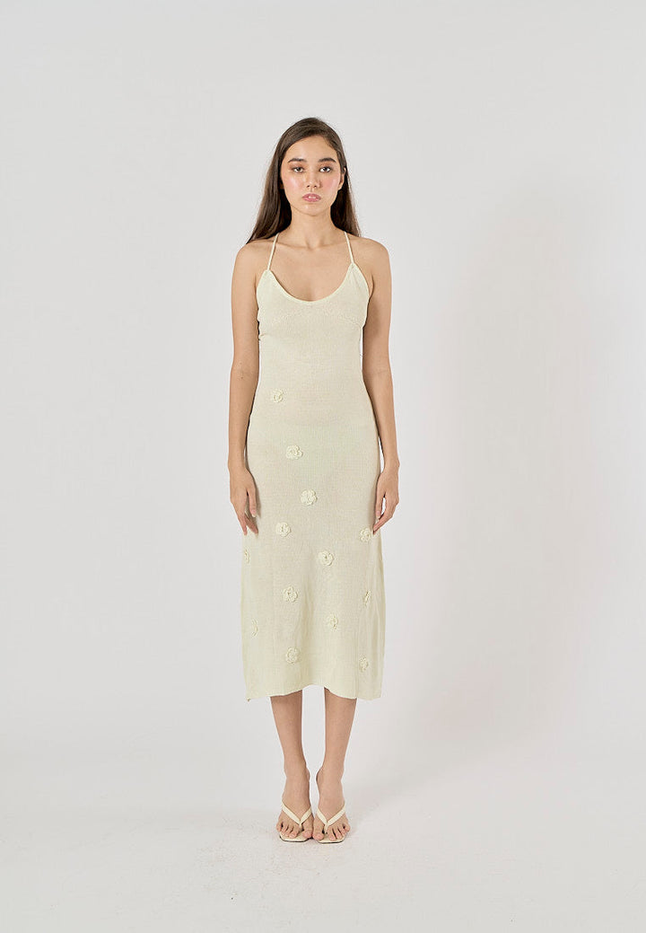 Elspeth Beige Embroidered Floral Knitted Midi Dress