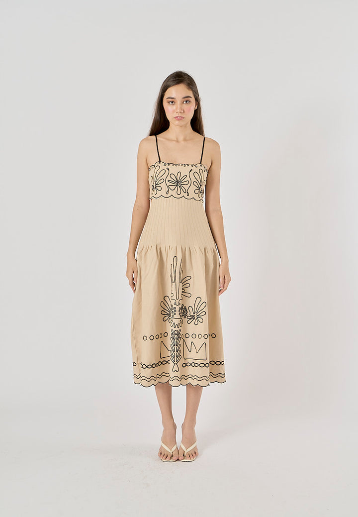 Texas Beige Floral Embroidery Ruffle Boho Midi Dress