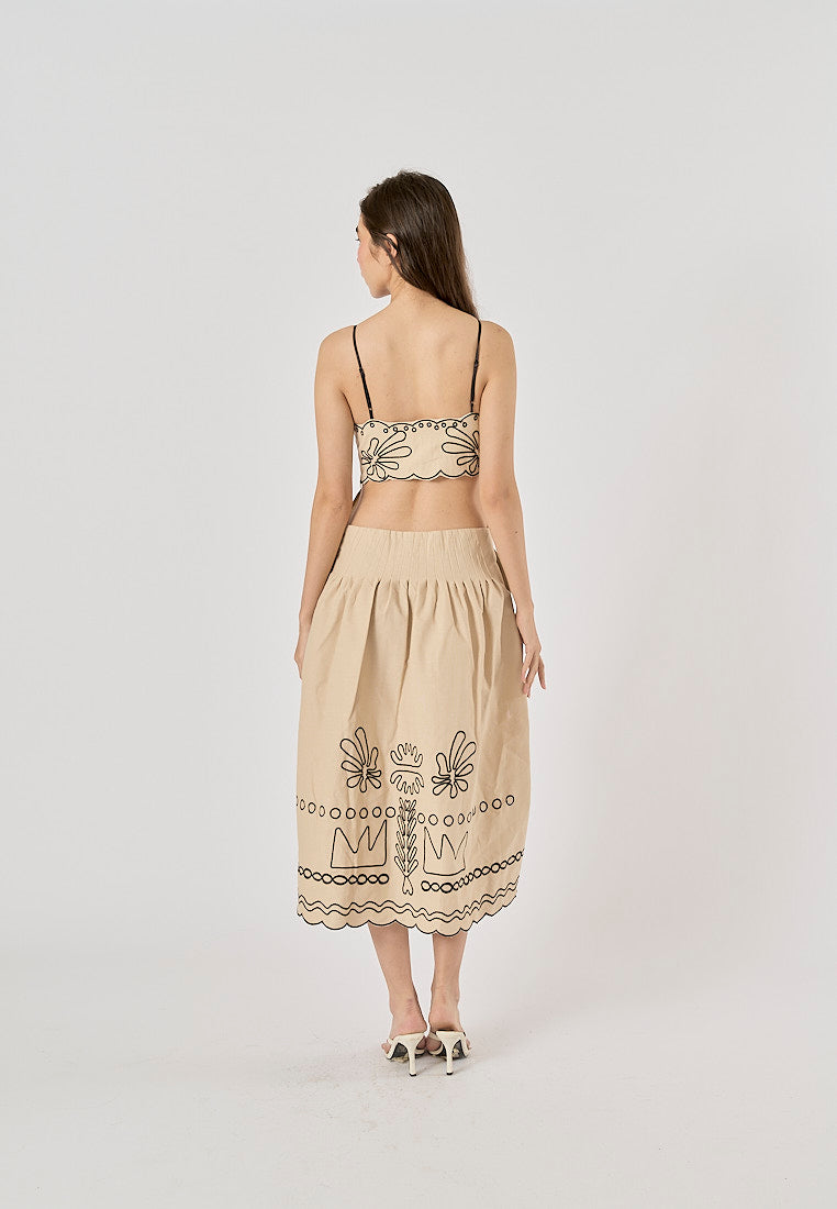 Texas Beige Floral Embroidery Ruffle Boho Midi Dress