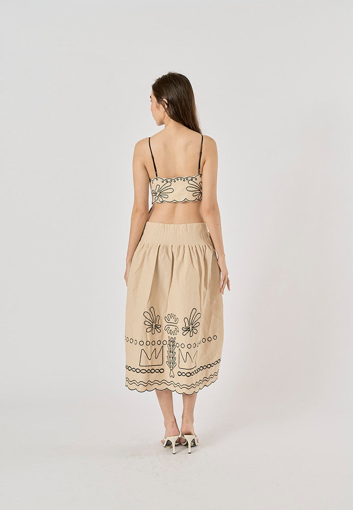 Texas Beige Floral Embroidery Ruffle Boho Midi Dress