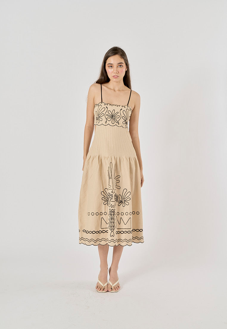 Texas Beige Floral Embroidery Ruffle Boho Midi Dress