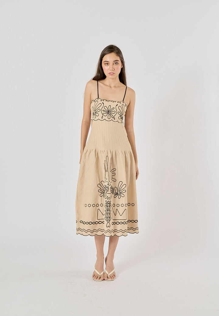 Texas Beige Floral Embroidery Ruffle Boho Midi Dress