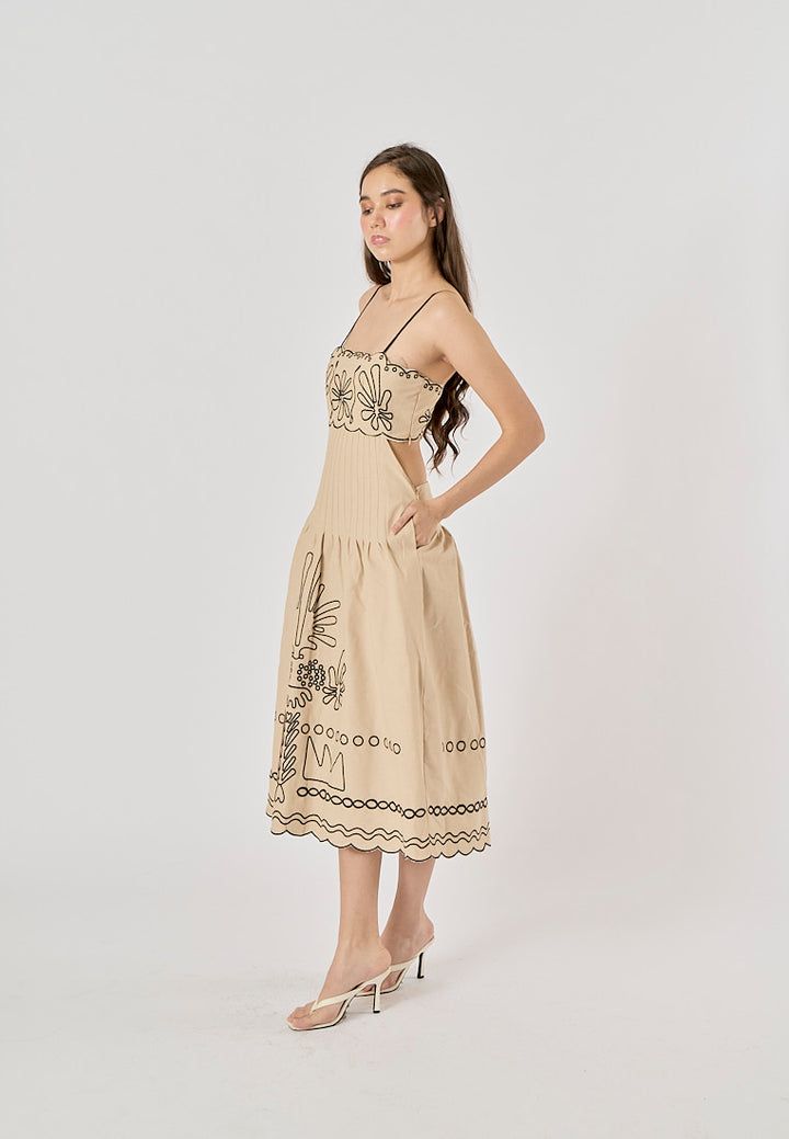 Texas Beige Floral Embroidery Ruffle Boho Midi Dress