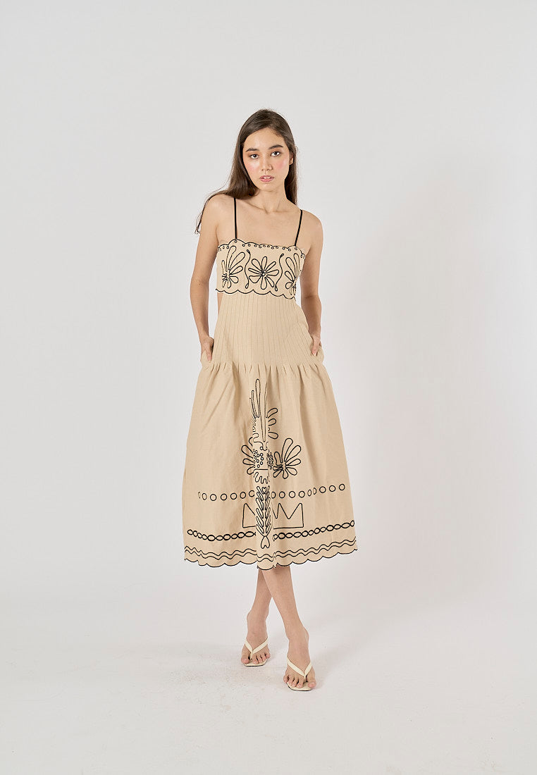 Texas Beige Floral Embroidery Ruffle Boho Midi Dress