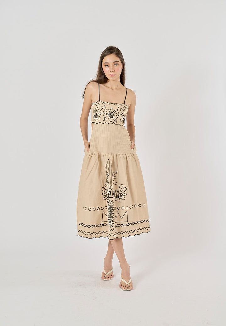 Texas Beige Floral Embroidery Ruffle Boho Midi Dress