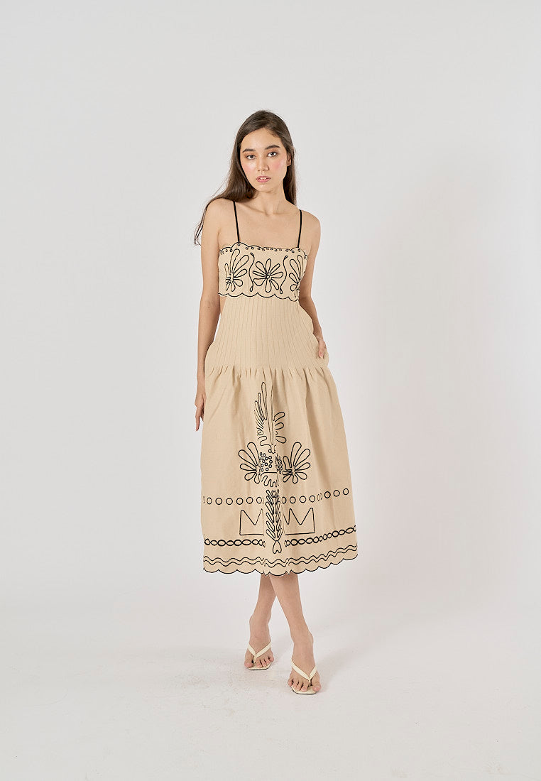 Texas Beige Floral Embroidery Ruffle Boho Midi Dress