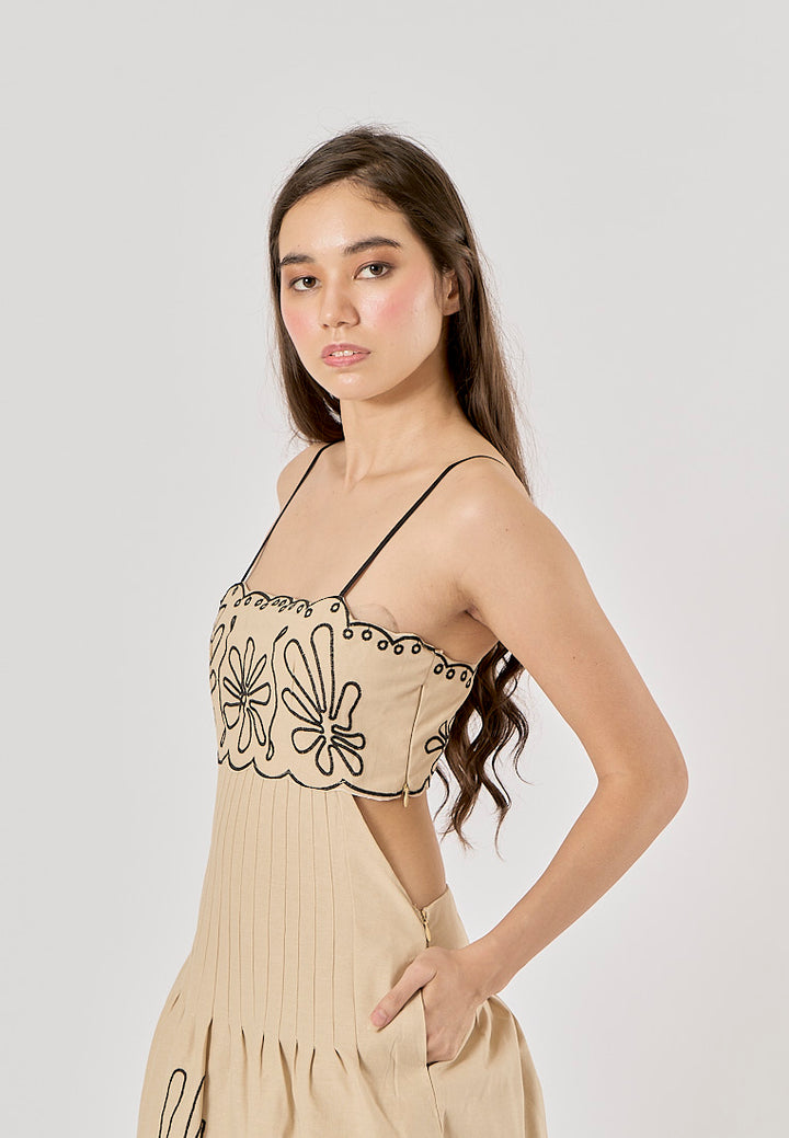 Texas Beige Floral Embroidery Ruffle Boho Midi Dress