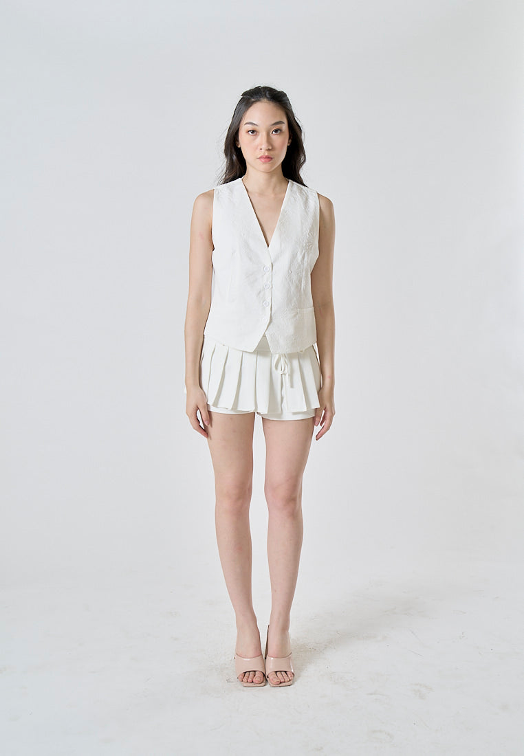 Riot White Floral Textured V Neck Single Breasted Sleeveless Waistcoat Vest