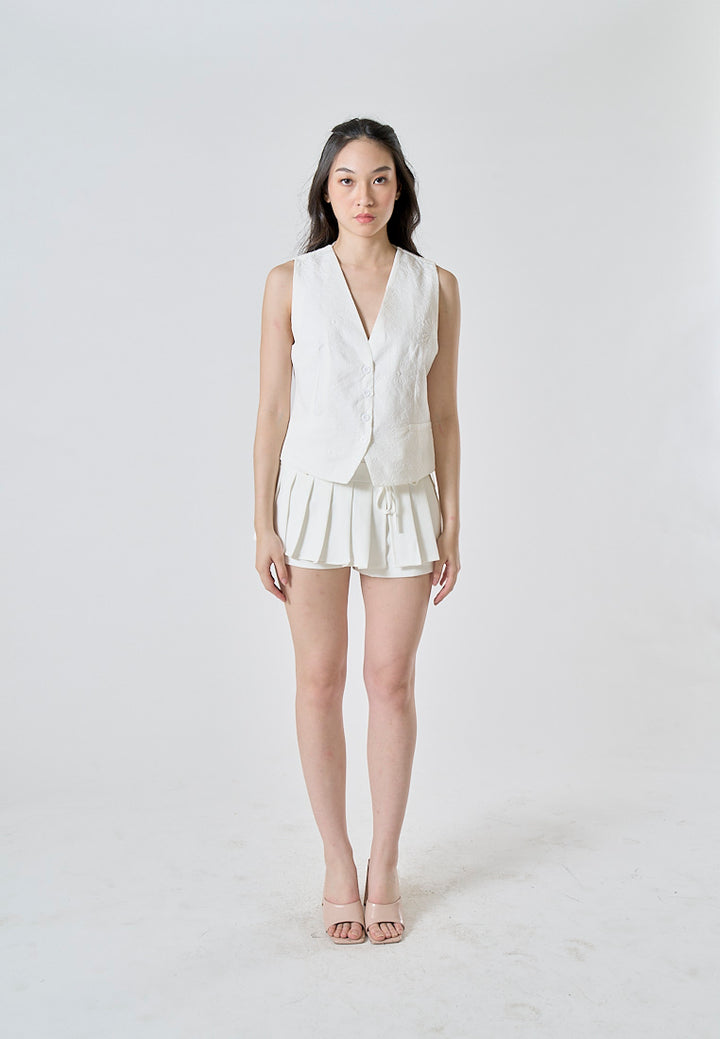 Riot White Floral Textured V Neck Single Breasted Sleeveless Waistcoat Vest