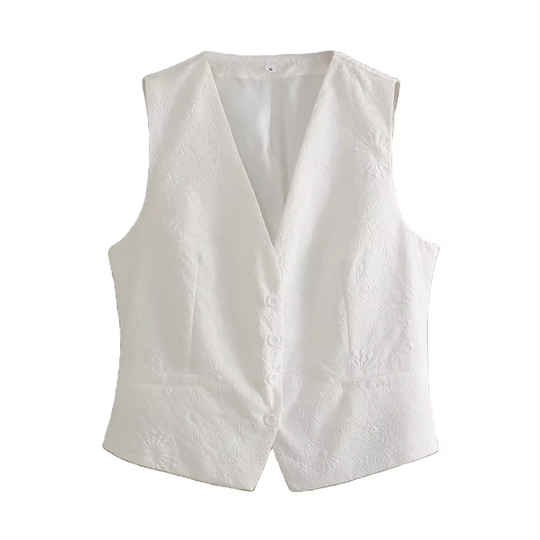 Riot White Floral Textured V Neck Single Breasted Sleeveless Waistcoat Vest
