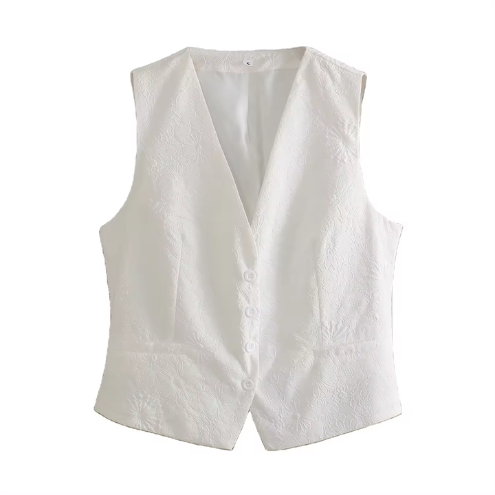 Riot White Floral Textured V Neck Single Breasted Sleeveless Waistcoat Vest