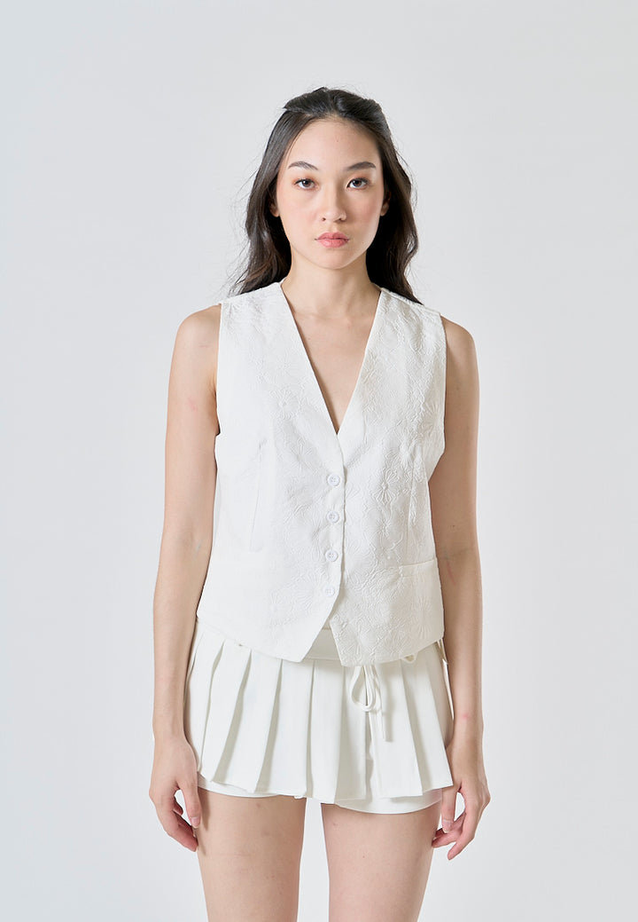 Riot White Floral Textured V Neck Single Breasted Sleeveless Waistcoat Vest