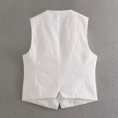 Riot White Floral Textured V Neck Single Breasted Sleeveless Waistcoat Vest