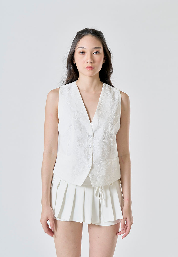 Riot White Floral Textured V Neck Single Breasted Sleeveless Waistcoat Vest