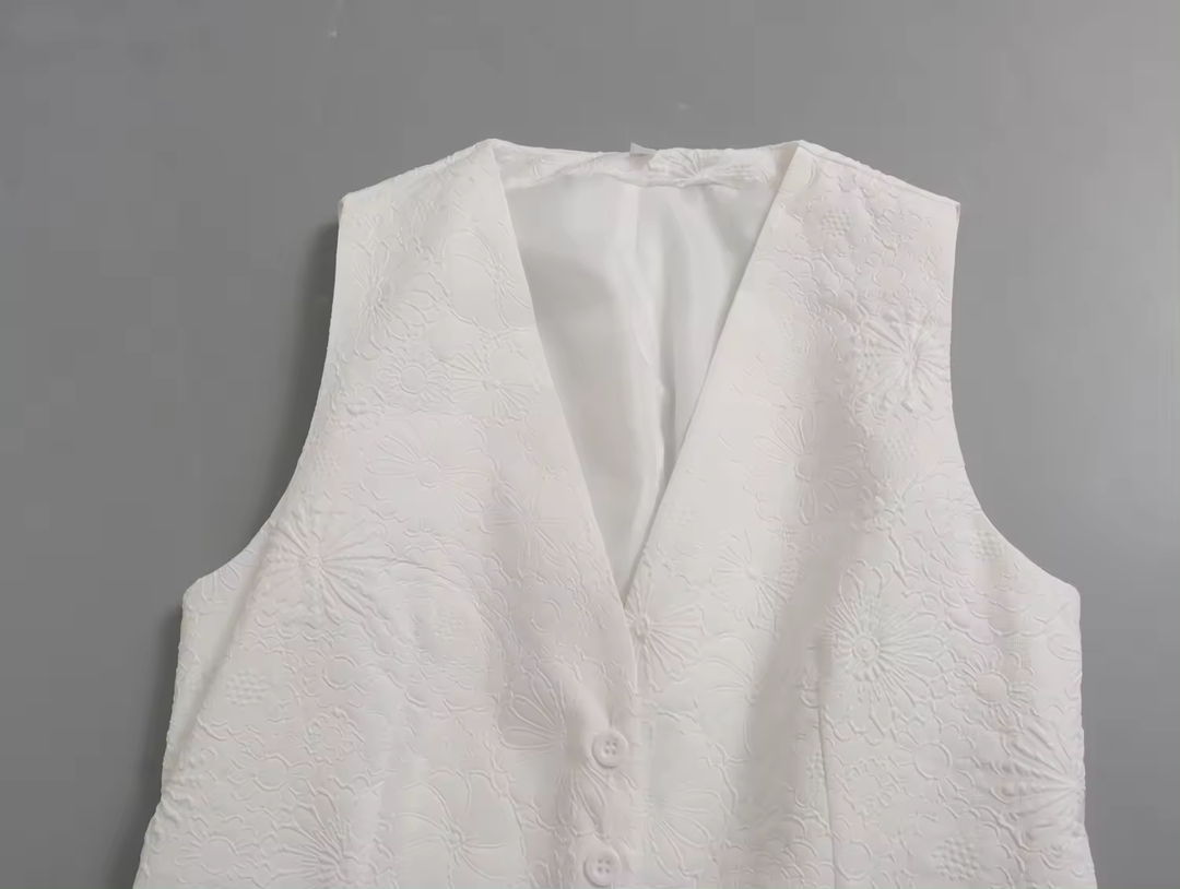 Riot White Floral Textured V Neck Single Breasted Sleeveless Waistcoat Vest