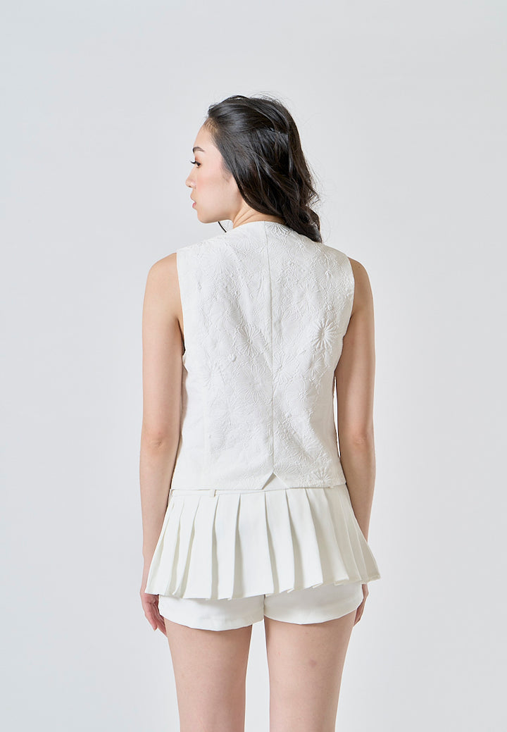 Riot White Floral Textured V Neck Single Breasted Sleeveless Waistcoat Vest