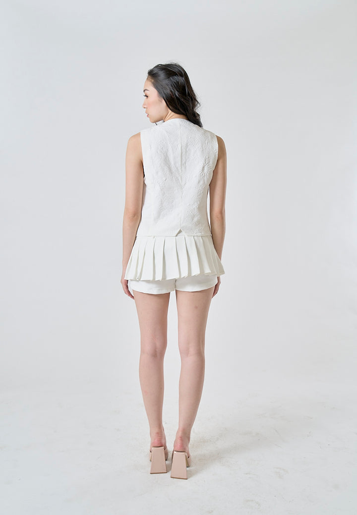 Riot White Floral Textured V Neck Single Breasted Sleeveless Waistcoat Vest