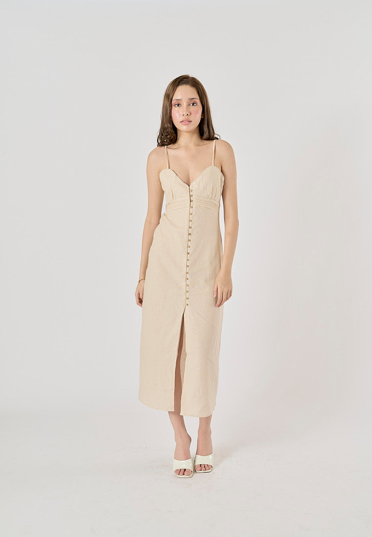 Elowen Sand V-Neck Button-Down Closure Midi Dress
