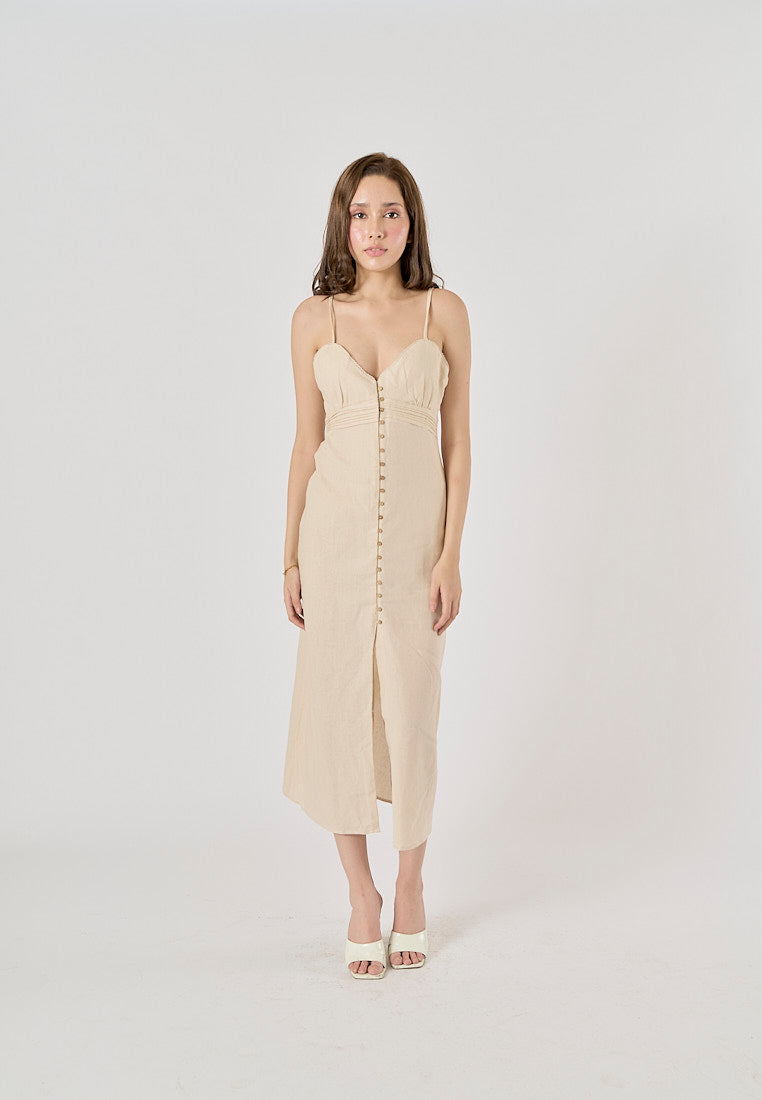 Elowen Sand V-Neck Button-Down Closure Midi Dress