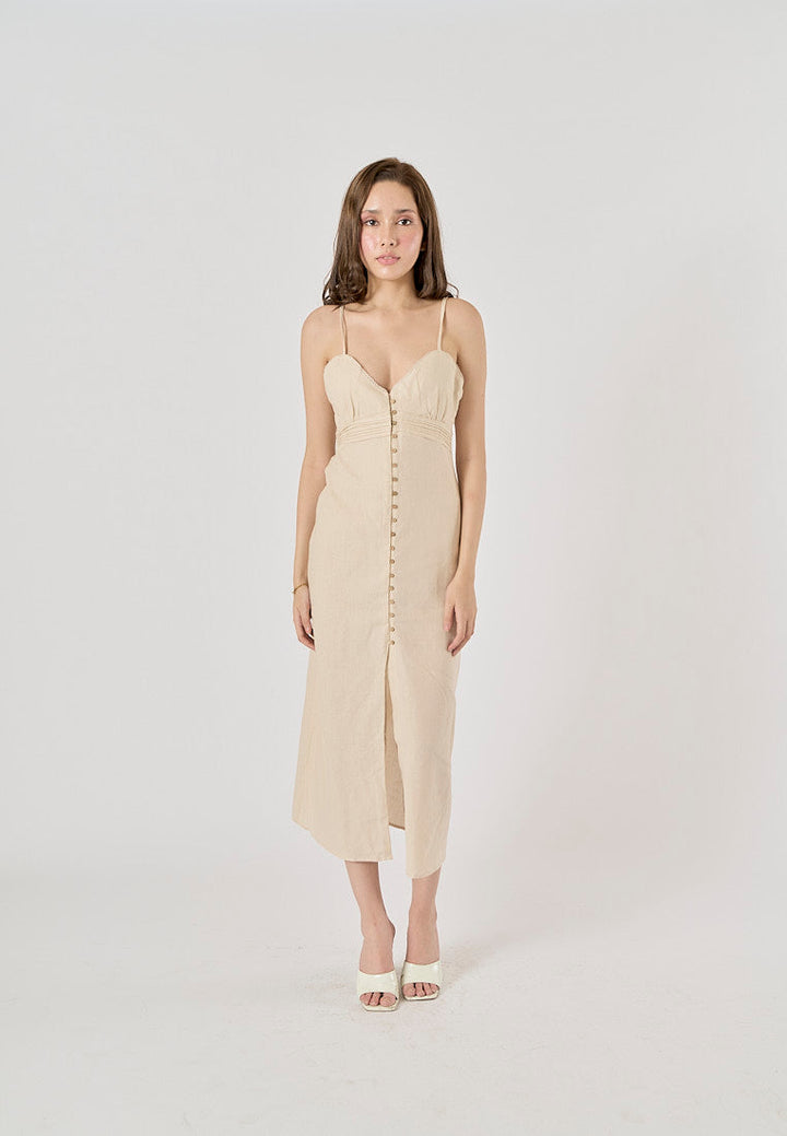 Elowen Sand V-Neck Button-Down Closure Midi Dress