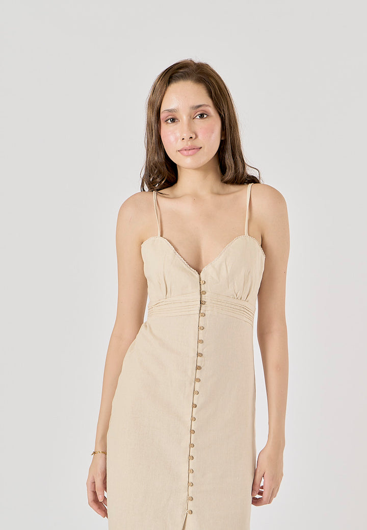 Elowen Sand V-Neck Button-Down Closure Midi Dress