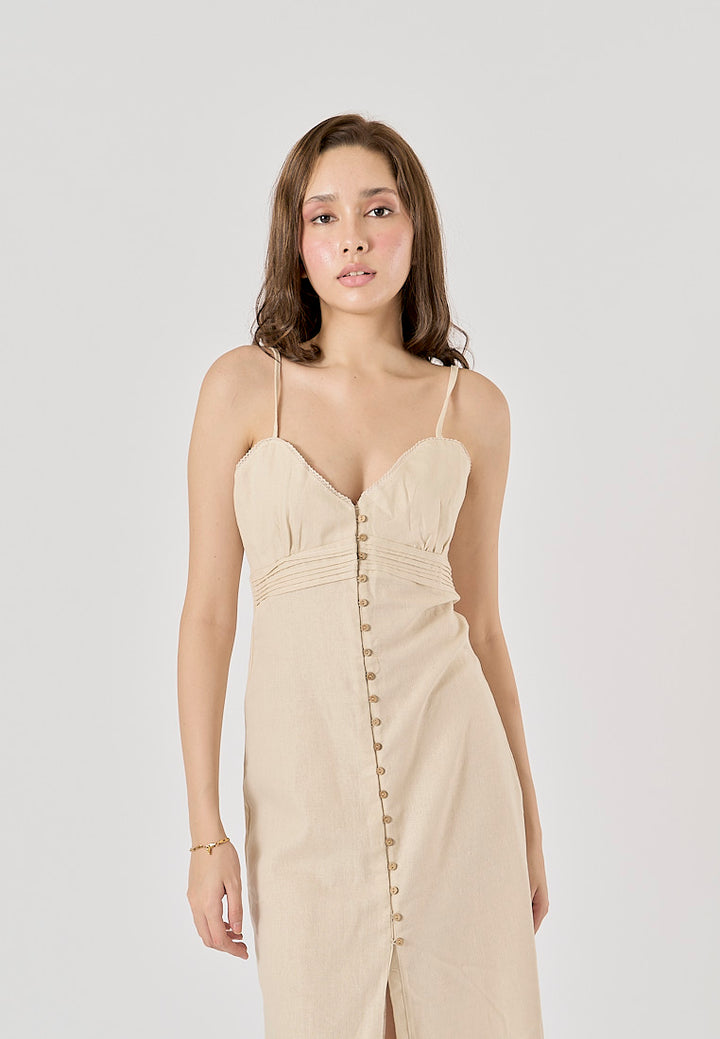 Elowen Sand V-Neck Button-Down Closure Midi Dress