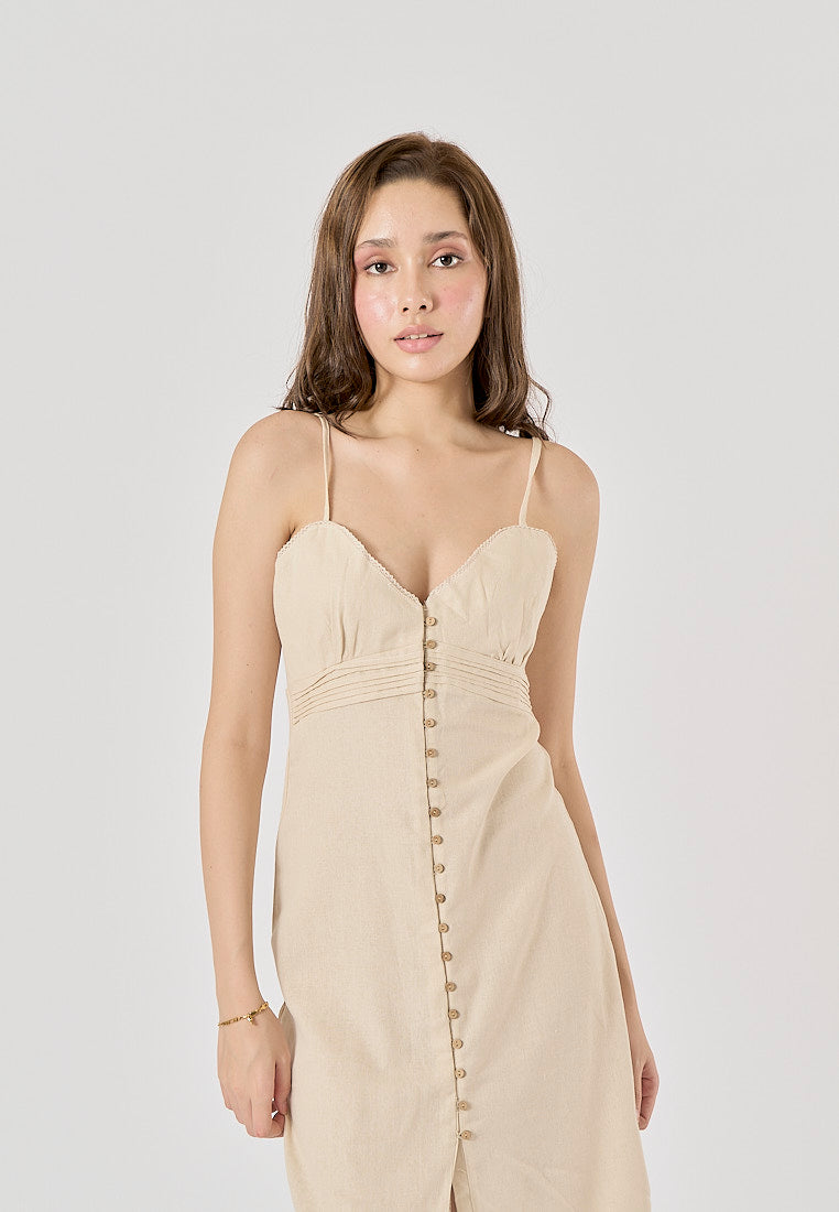 Elowen Sand V-Neck Button-Down Closure Midi Dress