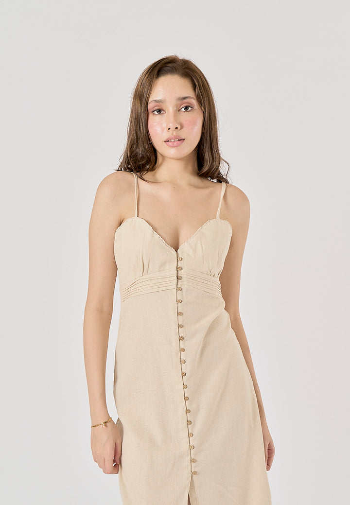 Elowen Sand V-Neck Button-Down Closure Midi Dress