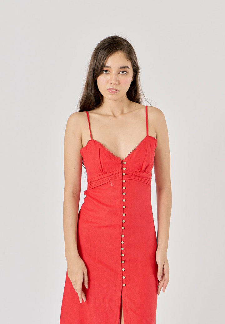 Elowen Cherry Red V-Neck Button-Down Closure Midi Dress
