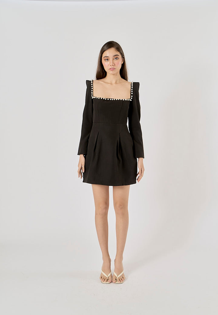 Malva Black Square Neck Beaded Long Sleeve Mini Dress
